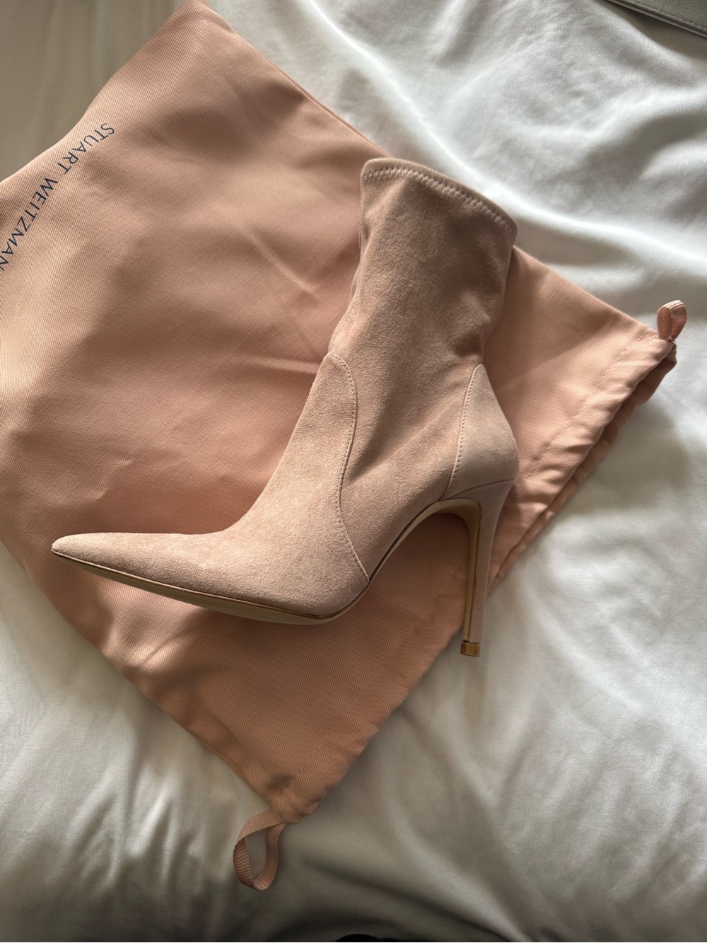 Stuart Weitzman Blush Suede Pointed-Toe Stiletto Ankle Boot